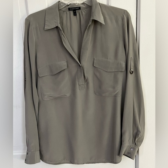 Eileen Fisher 100% Silk Crepe De Chine Popover Blouse Grey Size XS Quiet Luxury - Picture 1 of 11